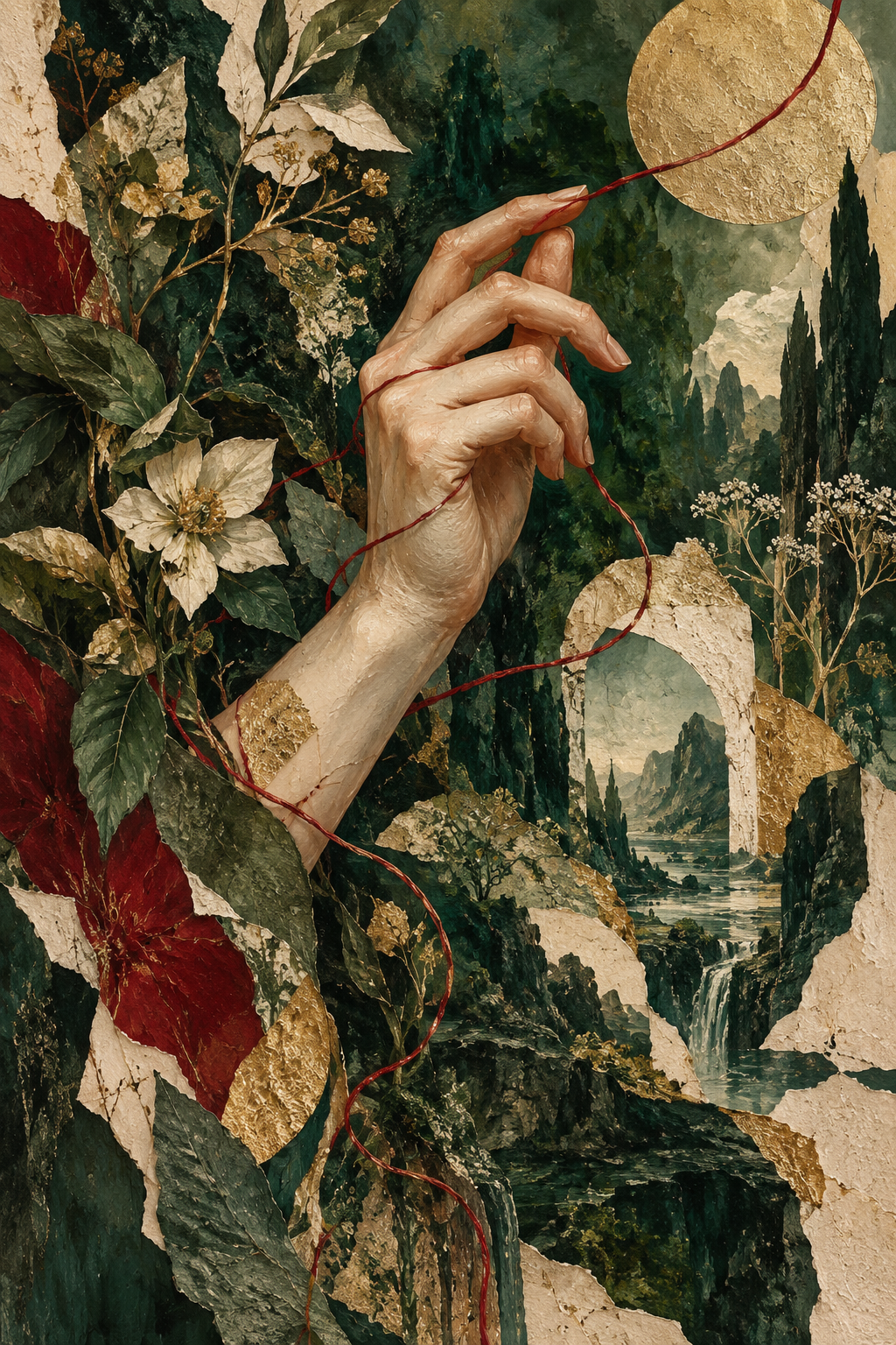 Editorial mixed-media illustration of a hand weaving a red thread through a landscape